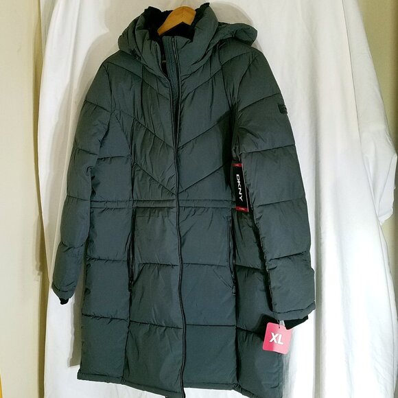DKNY Long Quilted Puffer Jacket XL Gray New With Tags Removable Hood - Picture 14 of 16